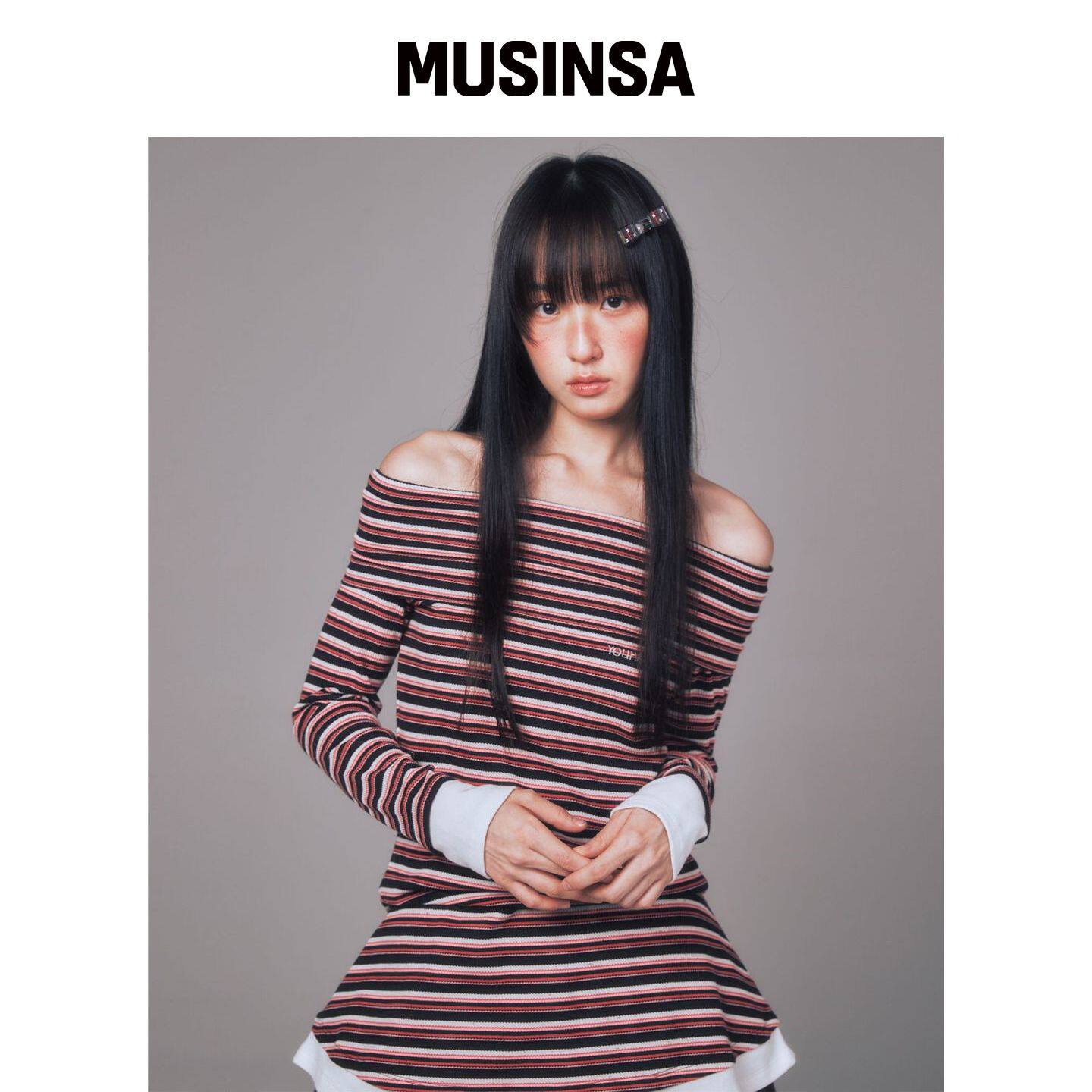 YOUHEE 条纹露肩裙 粉色 MUSINSA韩国官网直邮进口