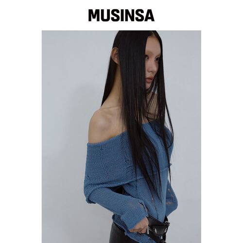 UOUSOO DISTRESSED OFF-SHOULDER TOP_ MID BLUE韩国官网直邮进口