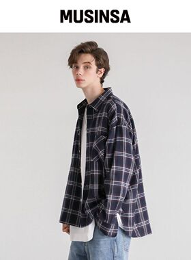 AVANDRESS UNISEX 基础款宽松格纹衬衫-深蓝色韩国官网直邮进口