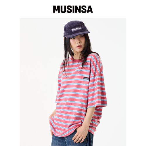 UNKNOWN PLANET 宽松条纹短袖粉色 MUSINSA韩国直邮官方正品