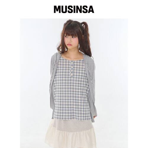 EXPIRED GIRL 舒适格纹叠穿上衣·麻灰色 MUSINS韩国官网直邮进口