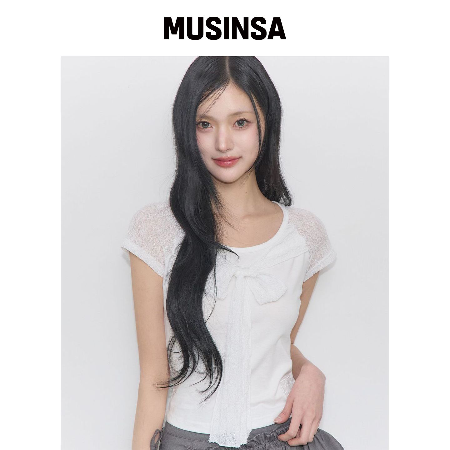 ILLIGO 蕾丝缎带拼色衬衫 白色 MUSINSA韩国官网直邮进口图片