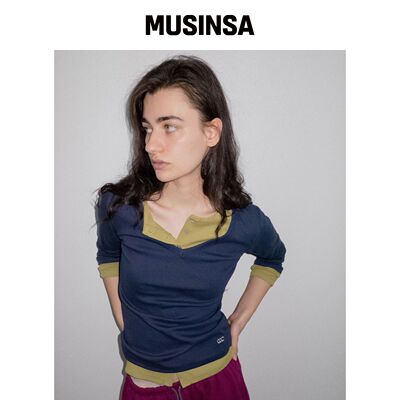 CHICKS V领七分袖修身T恤 藏青色 MUSINSA韩国官网直邮进口