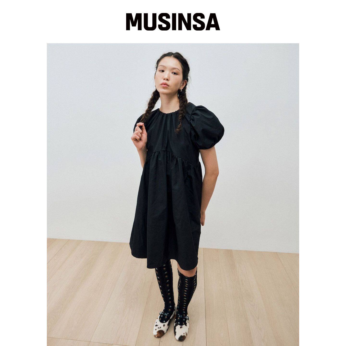 MAIS ARCHED SHIRRING PUFF SLEEVE DRESS / 黑 韩国官网直邮进口