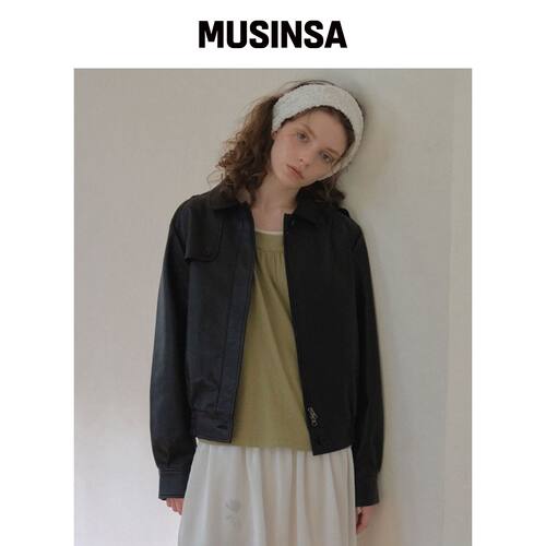 OURNOSTALGIA 翻盖皮夹克_黑色(OC25-OT05) MUSI韩国官网直邮进口