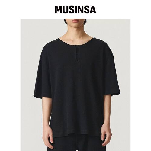 KANEITEI WAFFLE HENLEY NECK 短袖衫 (黑色) MU韩国官网直邮进口