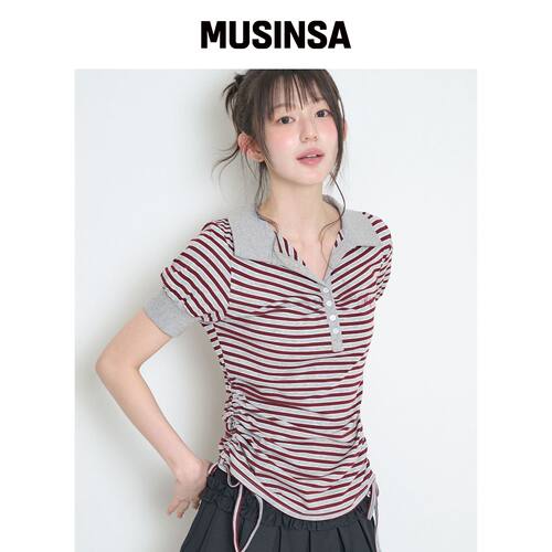 ILLIGO 条纹抽褶翻领T恤酒红色 MUSINSA韩国官网直邮进口