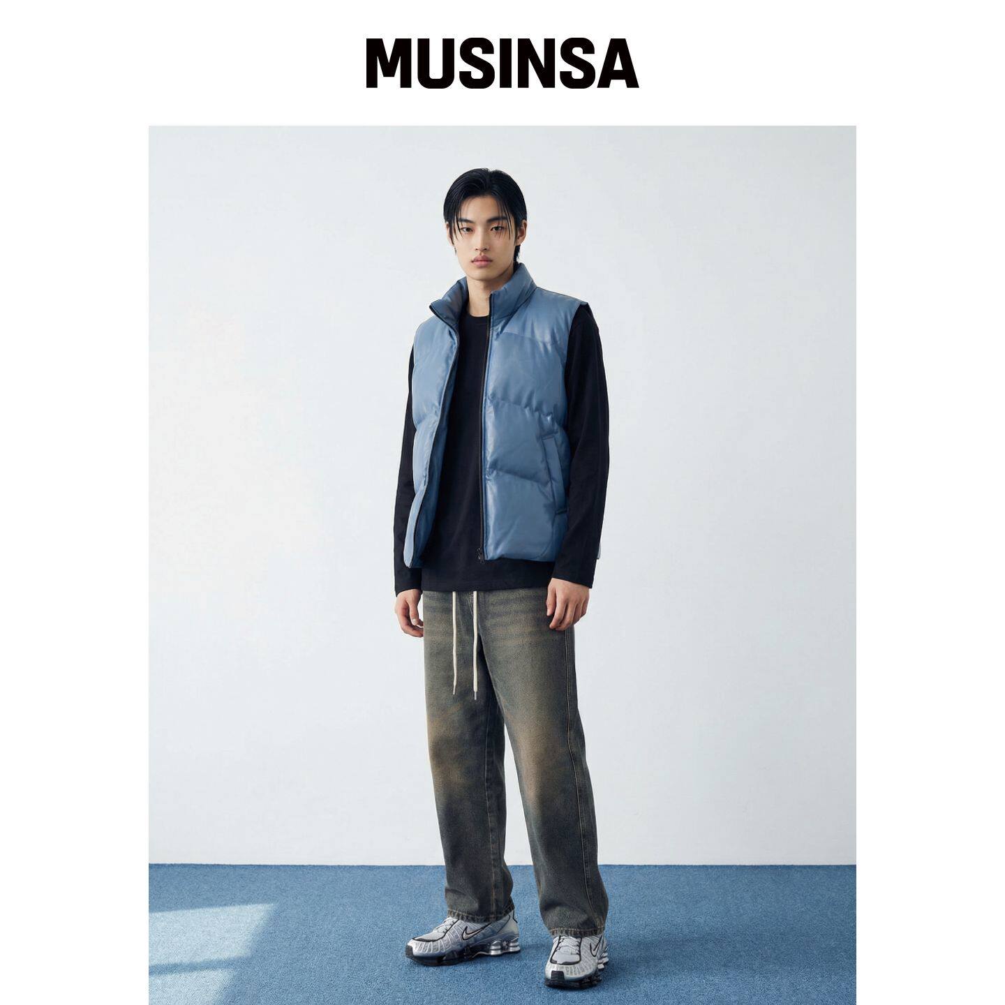 APOSTROPHE COMMA GLOSSY 皮革羽绒马甲_蓝色 MU韩国官网直邮进口