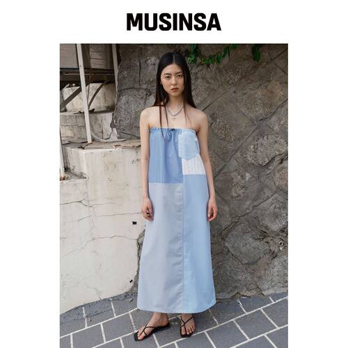 ECOMMAE PATCH WORK TUBE DRESS (蓝条纹)韩国官网直邮进口