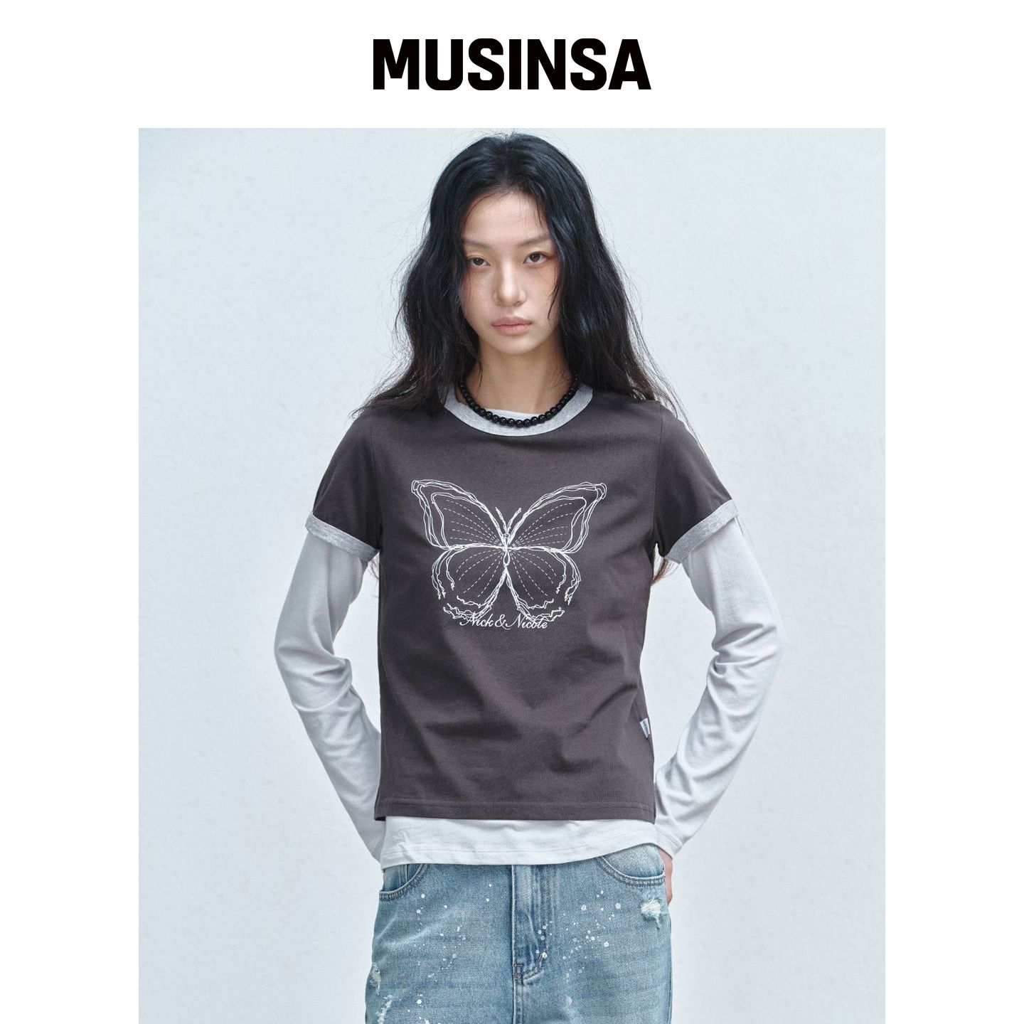 NICK&NICOLE 蝴蝶图案圆领上衣_炭灰色 MUSINSA韩国直邮官方正品