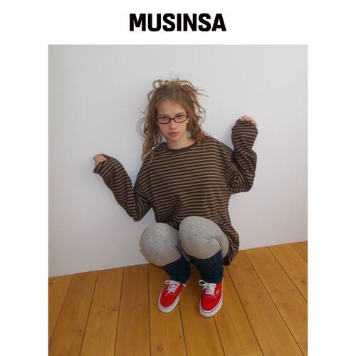 FUNFROMFUN 宽松条纹T恤，棕色 MUSINSA韩国官网直邮进口