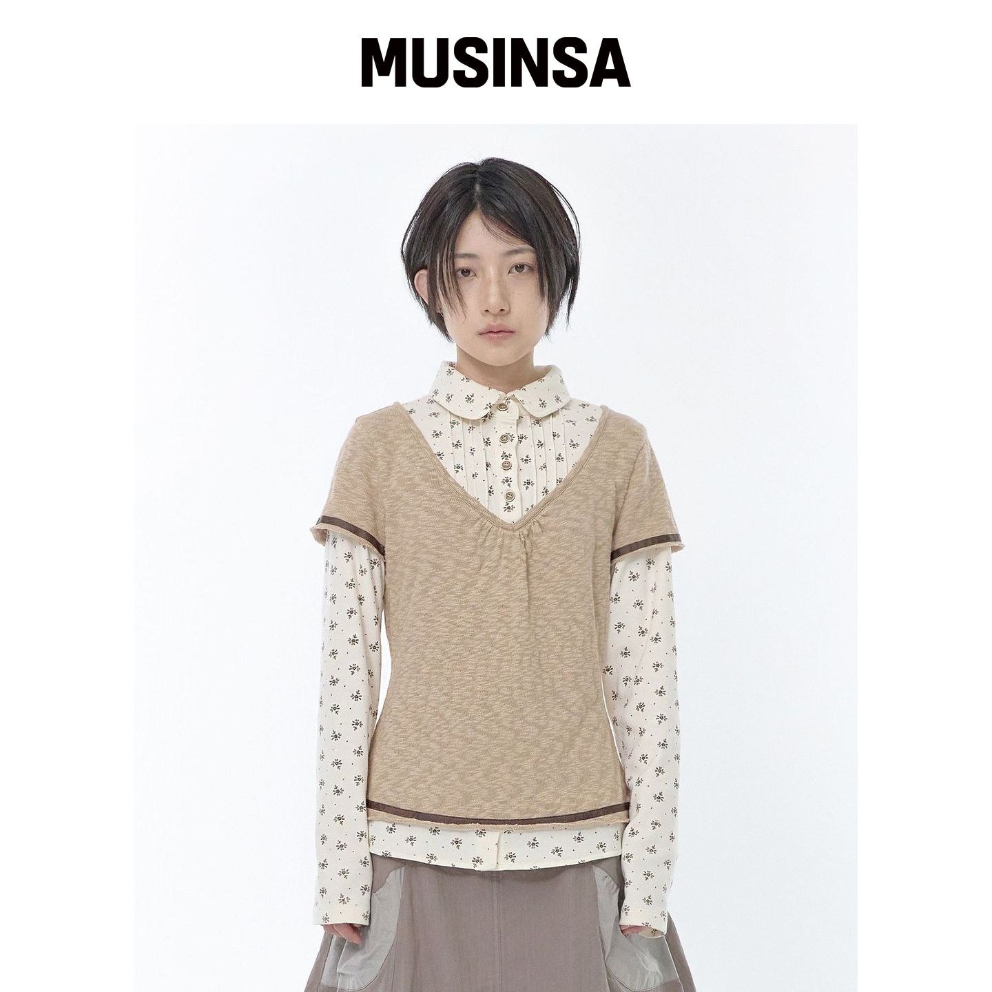 HUG YOUR SKIN 花卉衬衫叠穿上衣(米色) MUSIN韩国官网直邮进口