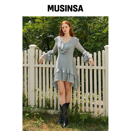 OUEL CAPE RUFFLE MINI DRESS_尘蓝色韩国官网直邮进口MUSINSA