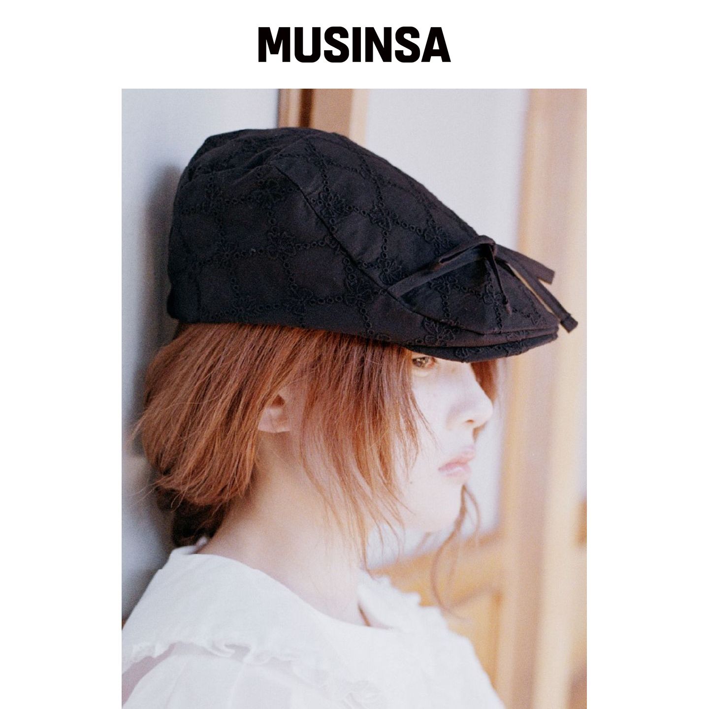 POESIEDAME 黑色缎带眼孔平顶帽 MUSINSA韩国直邮官方正品