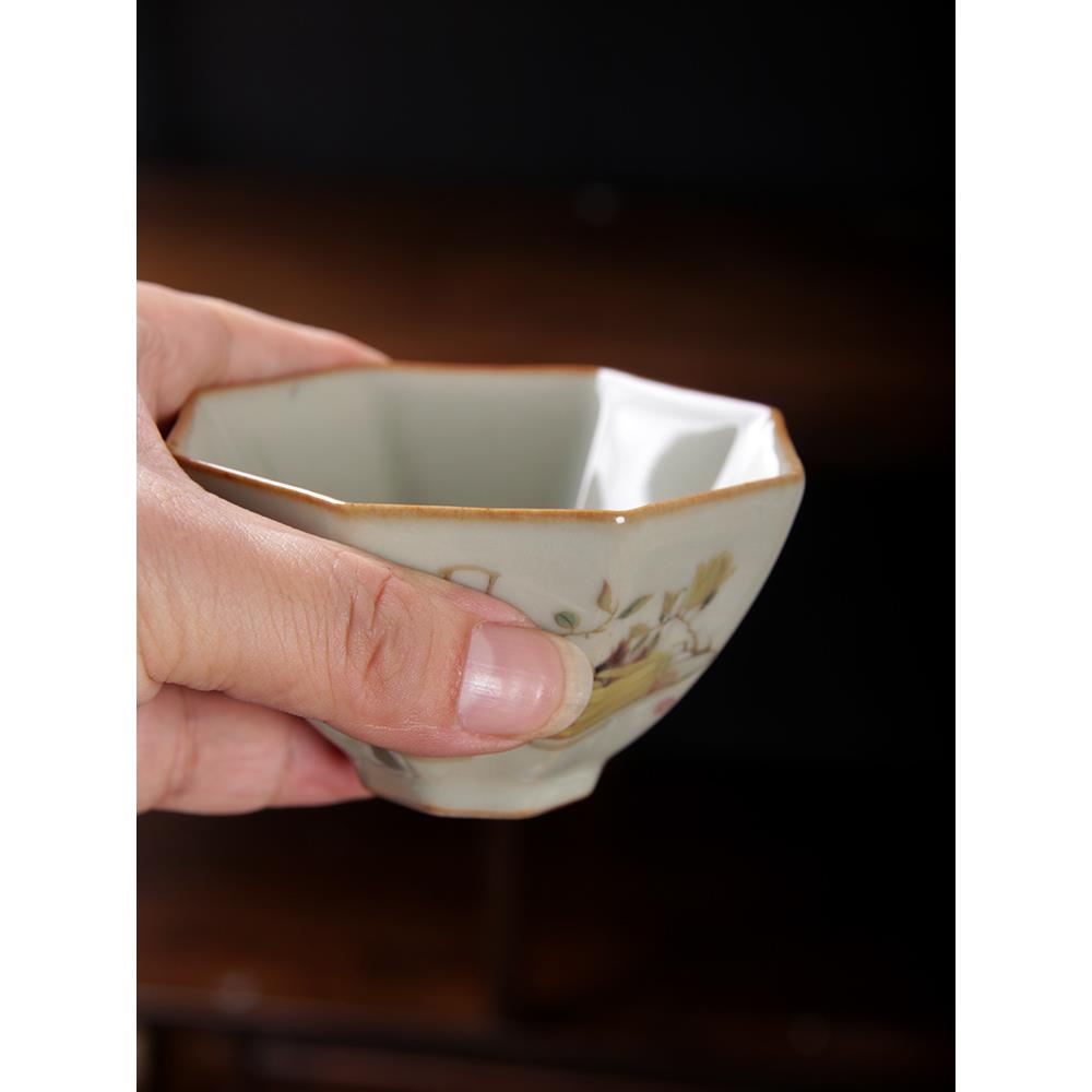 青玉汝窑描金围炉煮茶主人杯中式茶盏汝瓷八方杯茶杯复古单品茗杯