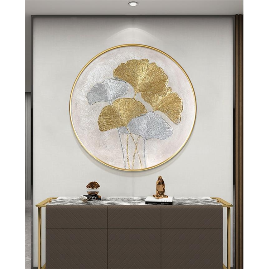 纯手工油画北欧办公室银杏叶圆框装饰画客厅玄关餐厅圆形挂画手绘