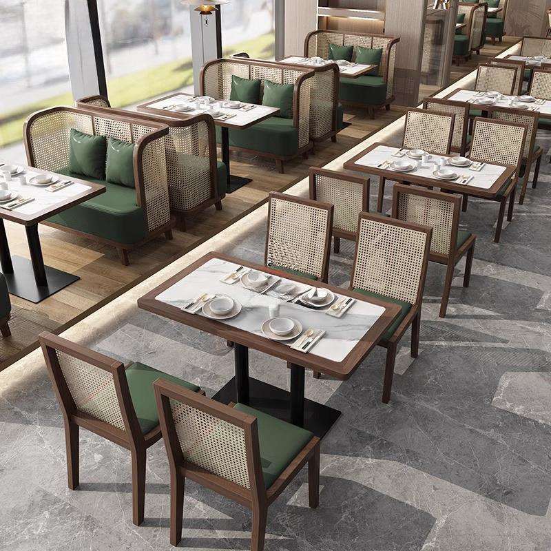 商用东南亚港式茶楼实木藤编靠墙卡座沙发主题西餐厅饭店桌椅组合