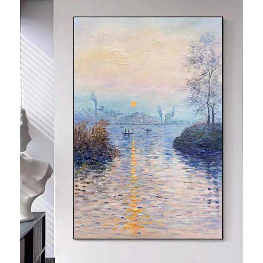 纯手绘世界名画莫奈日出印象风景油画玄关客厅入户装饰画高端挂画