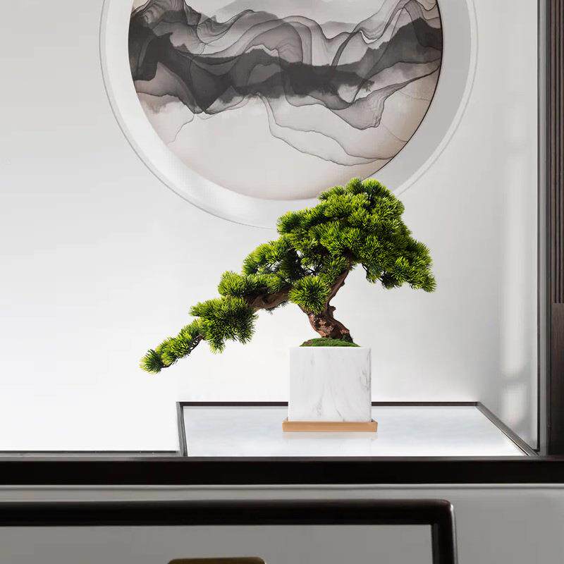 仿真植物崖柏迎客松盆景摆件茶楼酒店玄关桌售楼处新中式软装饰品