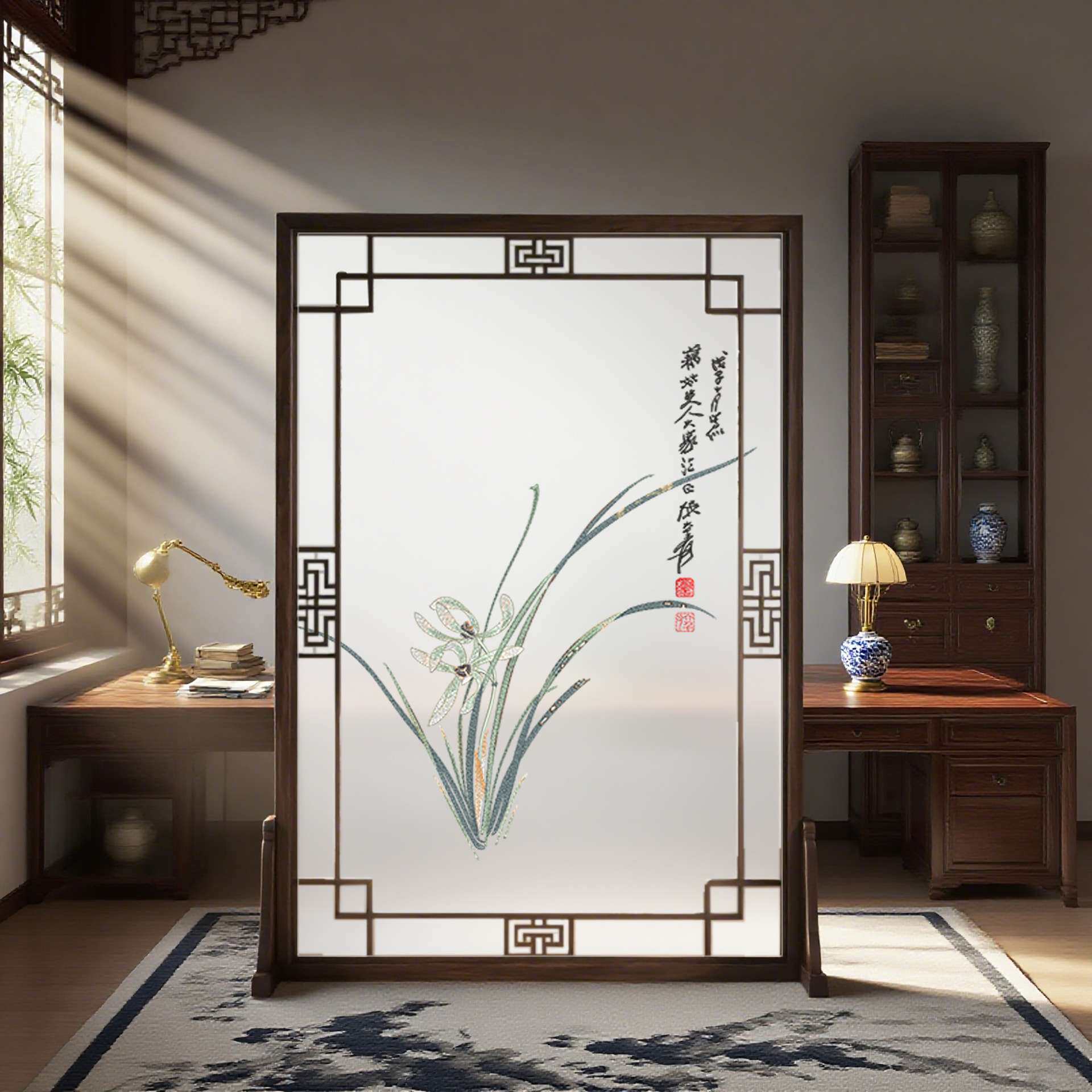 半透明纱布画实木花格入户玄关隔断茶室展厅书房兰花双面刺绣屏风