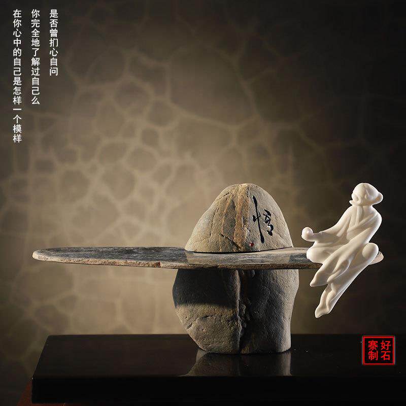 石头夹盘摆件家居商务置物软装饰品羊脂玉白瓷博古架禅意人物摆件
