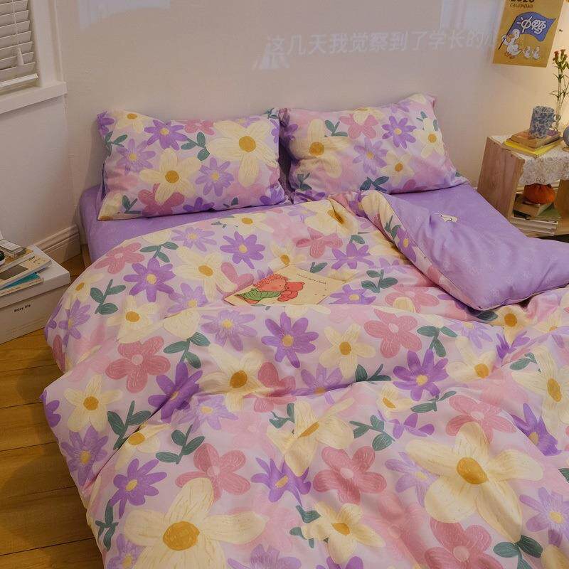 欧式紫色油画风田园小碎花床上四件套全棉纯棉文艺写意民宿1.5m