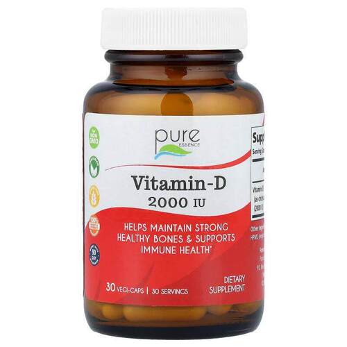 Pure Essence,维生素 D，2000 IU，维生素，30 粒素食胶囊