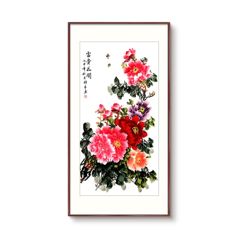网红版牡丹挂画玄关装画新中式花鸟竖图画走廊通道壁饰画入户花开