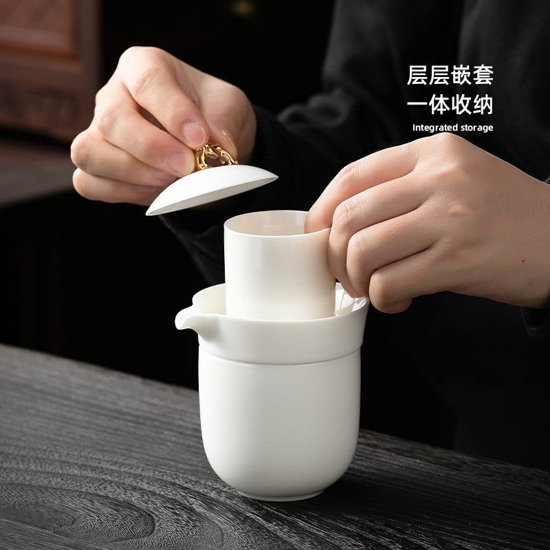 白瓷快客杯一壶一杯子单个人专用手抓泡茶壶茶杯便携旅行茶具套装
