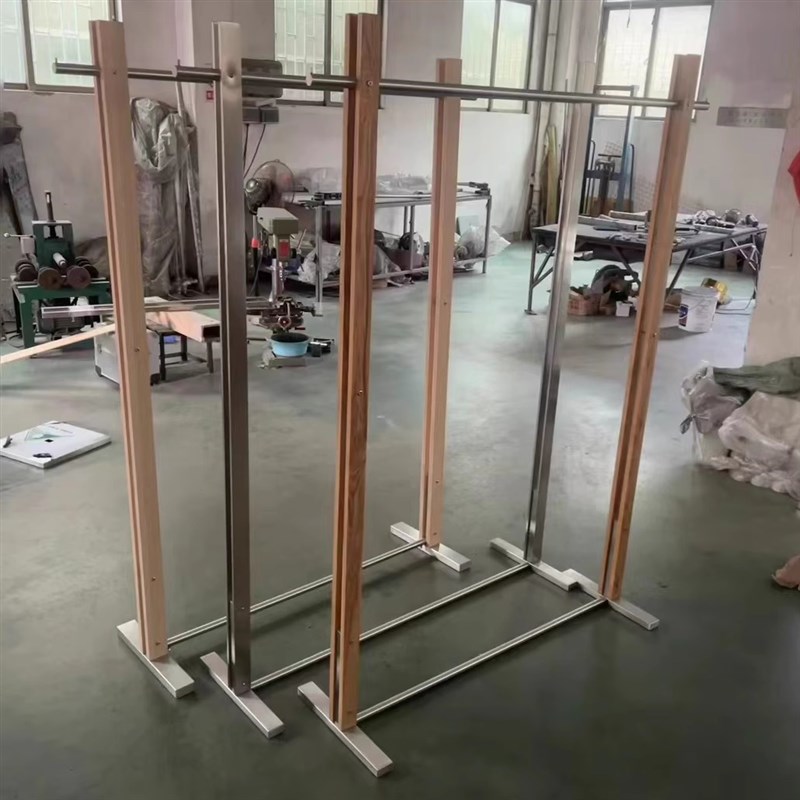 服装店展示架中古风复古胡桃木挂衣架子加厚不锈钢落地实木中岛架