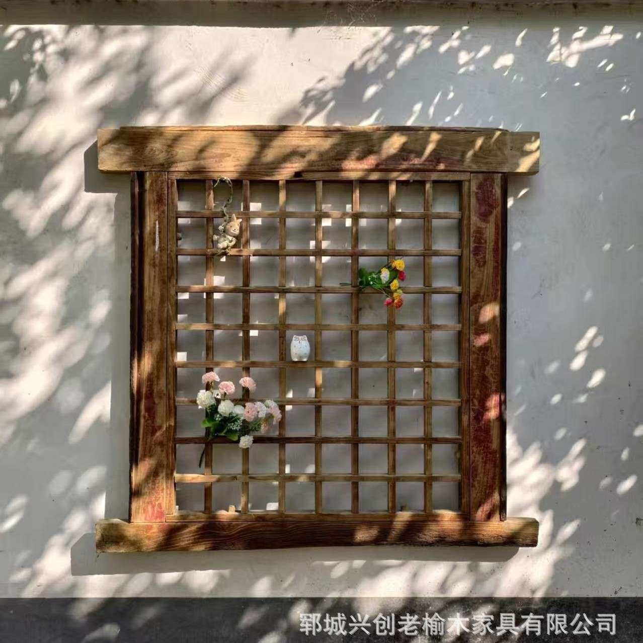 实木网格挂件墙面装饰复古门窗花架中式田园风木栅栏幼儿园窗户