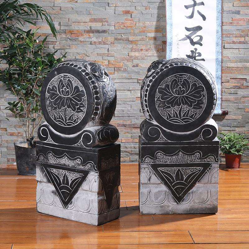 石雕门墩花开富贵青石抱鼓石仿古青石做旧石狮子麒麟门档门口庭院