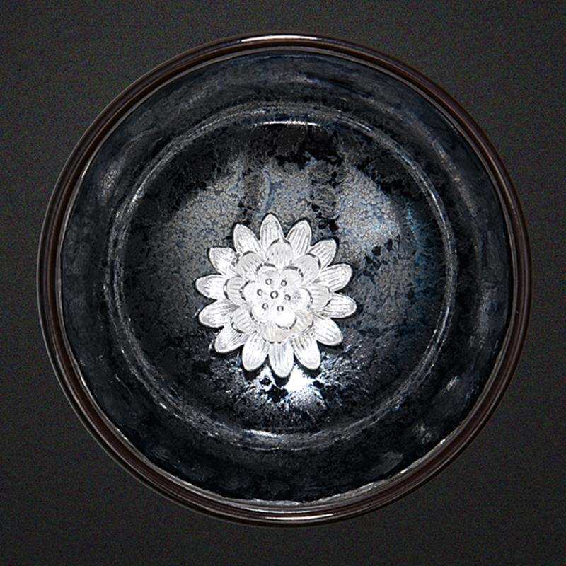油滴蓝 星空天目建盏茶杯 镶银茶杯 品茗杯 银鱼茶杯茶具 小茶盏