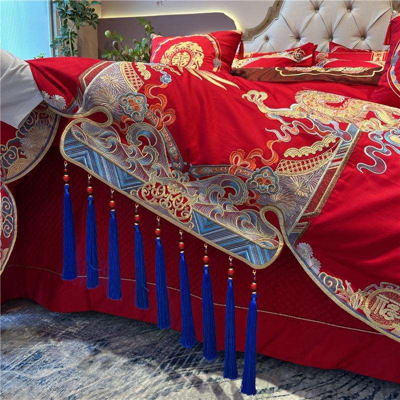 中式婚庆四件套丨喜嫁100支贡缎提花重工龙凤刺多件套 大红色结婚