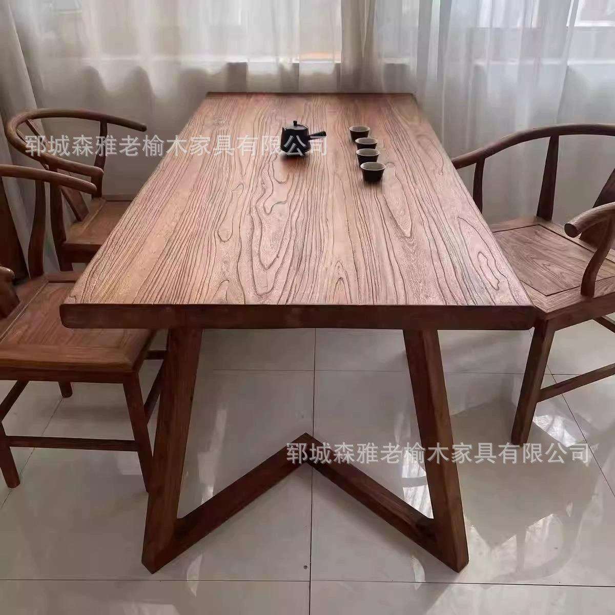 老榆木办公茶桌长方形原木中式茶台复古拍照背景道具客厅长桌