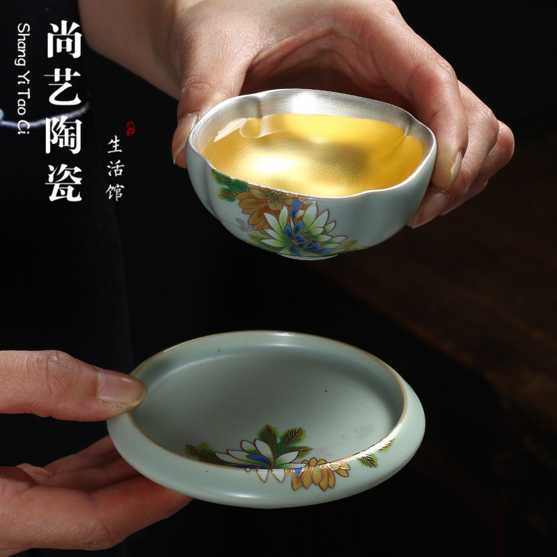 手绘银牡丹汝窑茶杯个人杯开片可养大号汝瓷茶盏主人杯纯手工单杯