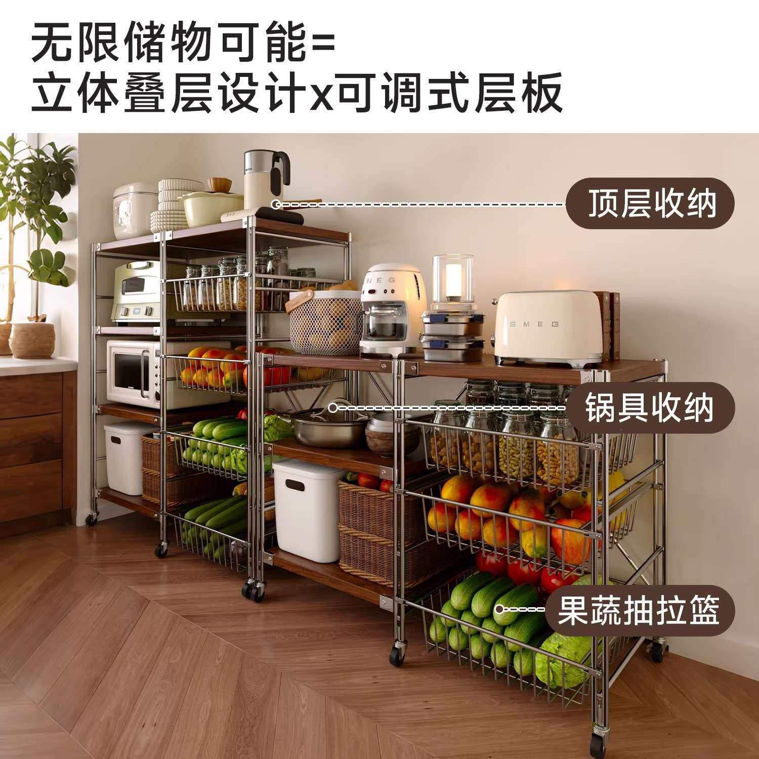 厨房置物架落地菜篮子工作台桌子家用多功能多层微波炉锅架收纳架