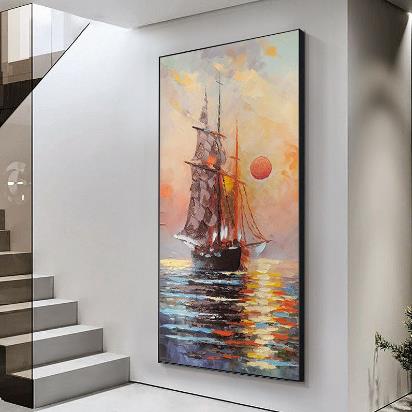 手绘油画立体实物日出帆船玄关装饰画 铝合金边框挂画帆船