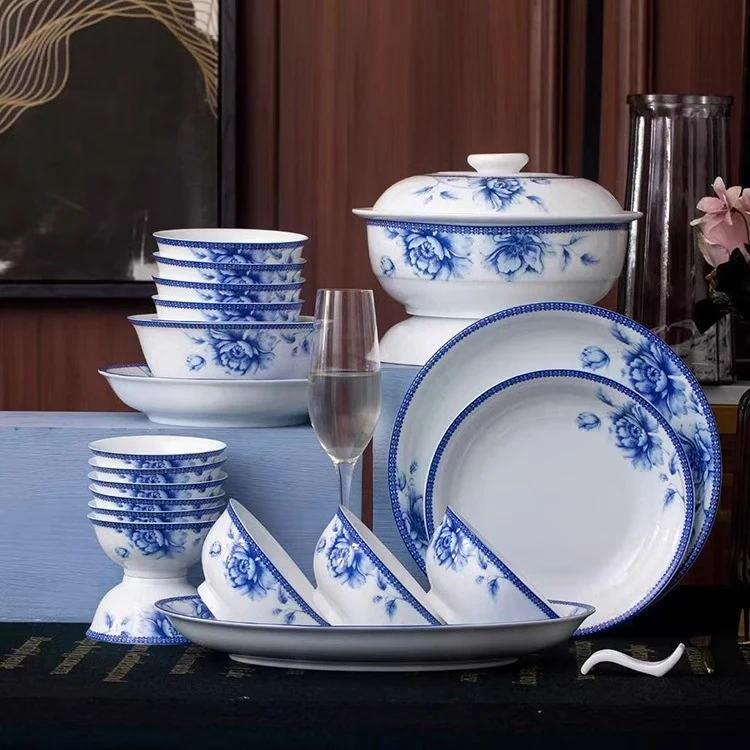 高温釉下彩景德镇青花瓷餐具套装碗碟鱼盘面碗高脚碗饭碗筷子
