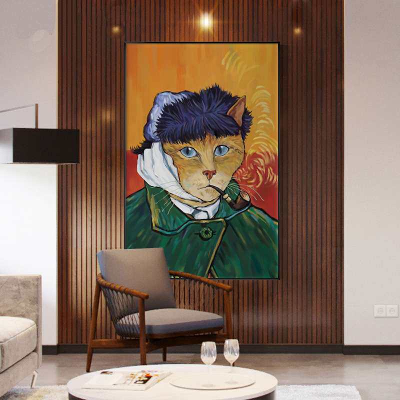 戴珍珠耳环的少女装饰画小众艺术猫北欧客厅壁画现代简约玄关挂画