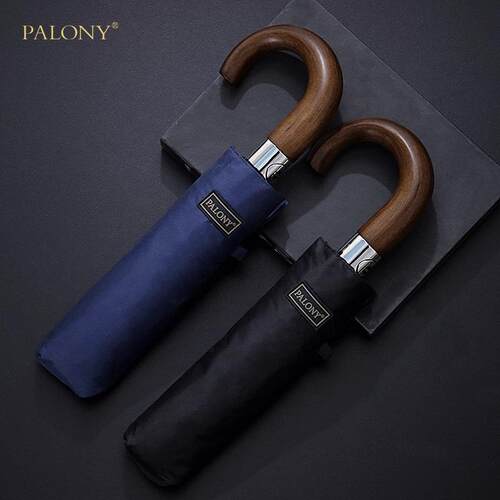 PALONY实木弯柄伞十骨加大防风简约商务全自动伞三折叠晴雨广告伞