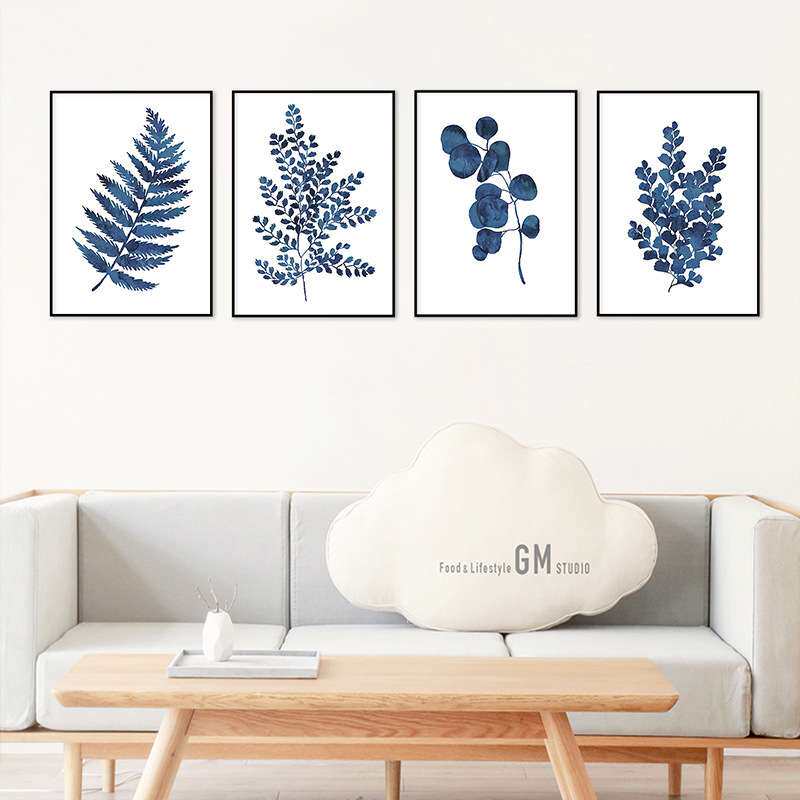 现代北欧客厅植物挂画四连叶子装饰画画芯 家居植物画加工直销