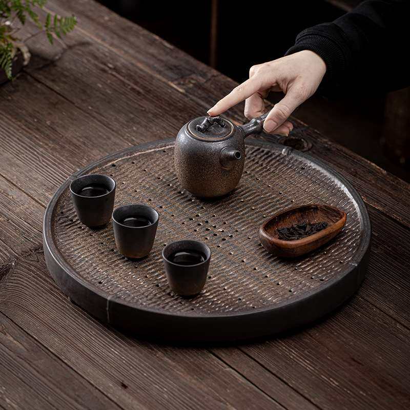 日式鎏金铁釉五谷丰登茶盘 陶瓷大号茶台茶托储水排水双用干泡盘
