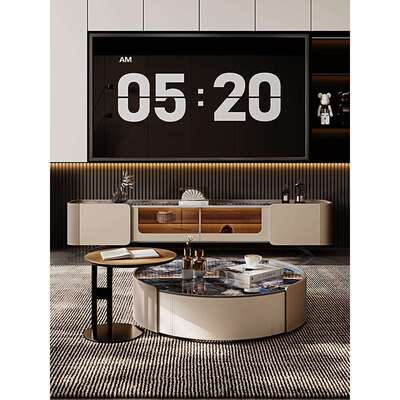 2024新款圆形茶几电视柜组合马鞍皮工艺意式极简小户型客厅电视柜