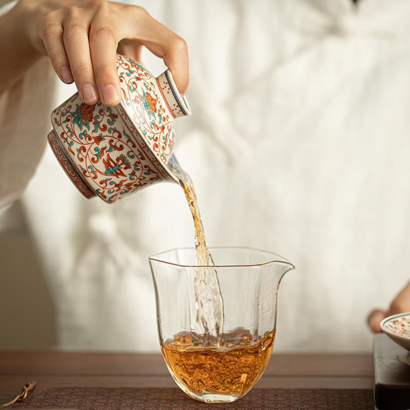 纯手工粉彩缠枝莲纹盖碗壶承套装三才盖碗套餐茶具泡茶碗茶托果盘