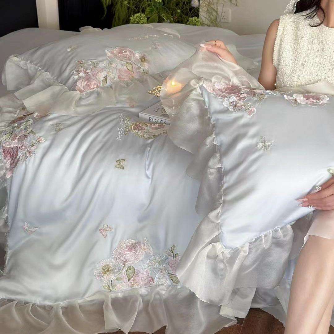 1法式浪漫天丝棉四件套少女心花卉刺绣雪纺花边被套四季款床上用