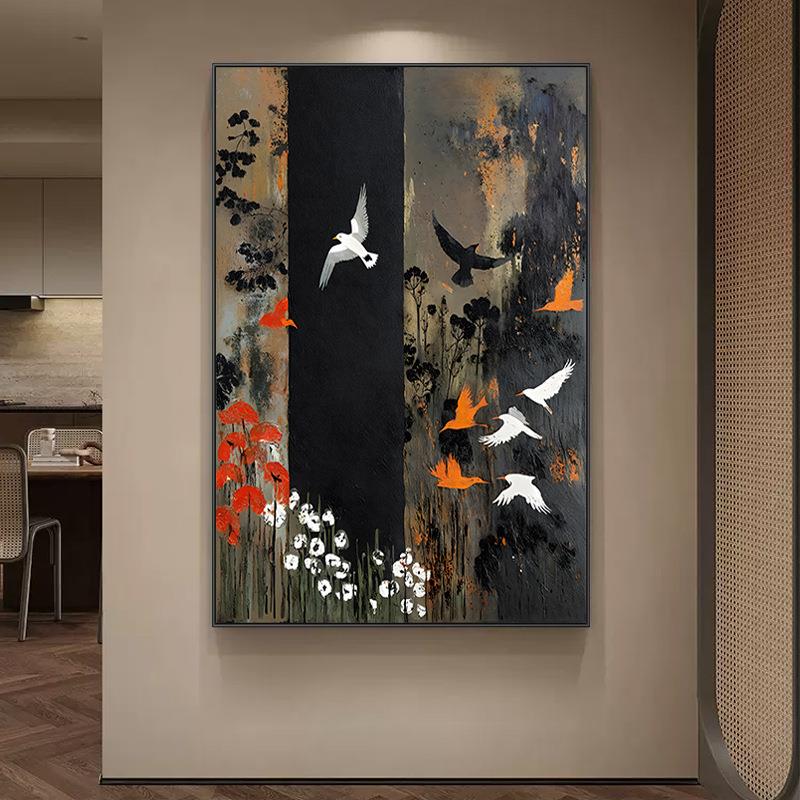 纯手绘大芬村油画花鸟中古风走廊过道挂画水墨风客厅装饰画玄关画