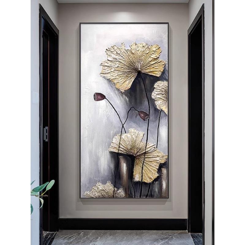现代高档纯手绘荷花油画大芬村玄关装饰画客厅走廊过道肌理感挂画