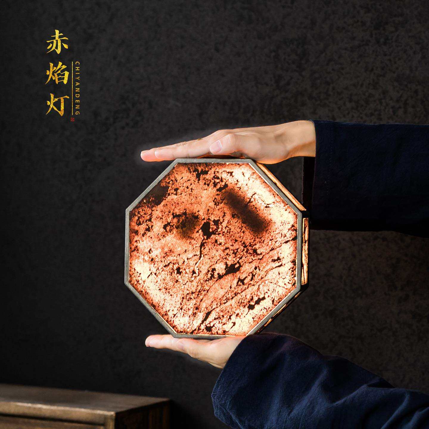 中式竹编竹古篱岩石氛围灯老锡石头六角台灯复古茶桌烛台宫灯摆件
