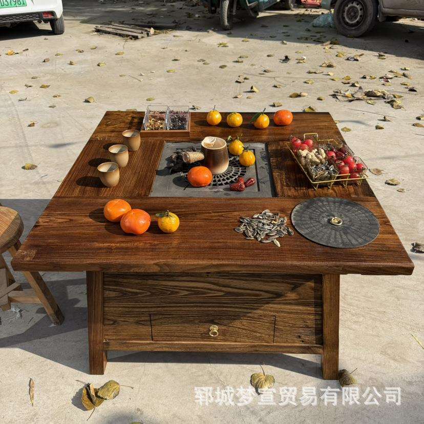 老榆木围炉煮茶桌禅意阳台喝茶桌烧烤火锅桌椅实木餐桌围炉烤火桌